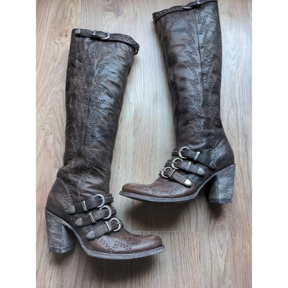 Old Gringo Shoes - Old Gringo Roxy Studded Buckle Tall Heeled Western Boots 18" Women 6.5 Chocolate